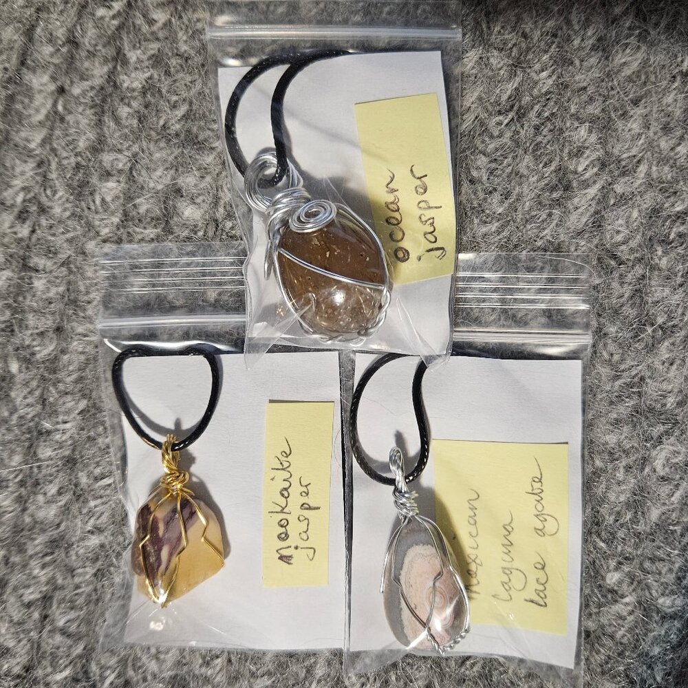 3 wire wrapped gemstone/crystal pendants, 3 different stones, 18 inch cords, new